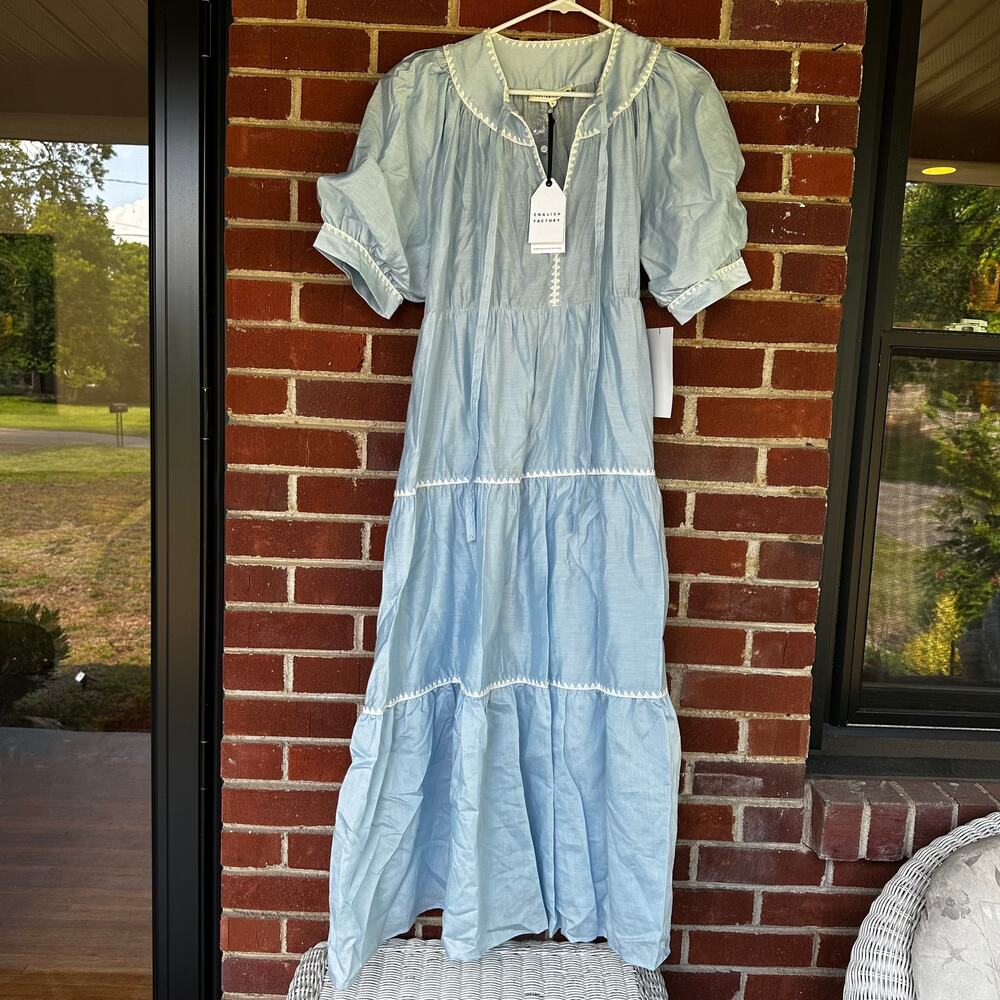 English Factory Blue Embroidered Midi Maxi Dress NWT Cottagecore Size Large - Picture 2 of 8